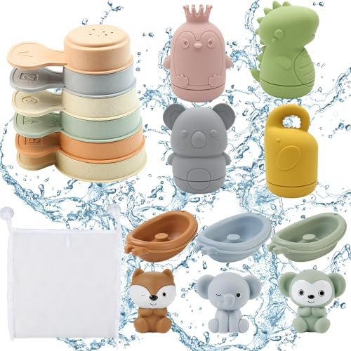 16 Stück Badewannenspielzeug, Baby Badespielzeug Silikon Wasserspielzeug Kinder mit Spritztiere Fingerpuppen Boote Badelöffeln, Schwimmbad Badewanne Bad Spielzeug für Jungen Mädchen 1 2 3 Jahre