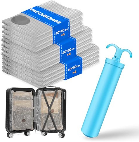 Vacbird Bolsas de vacío para ropa de viaje, 12 bolsas de vacío con bomba (4 x 40 x 40 cm, 4 x 40 x 50 cm, 4 x 40 x 60 cm), reutilizables, adecuadas para mover, viajar y guardar ropa de temporada
