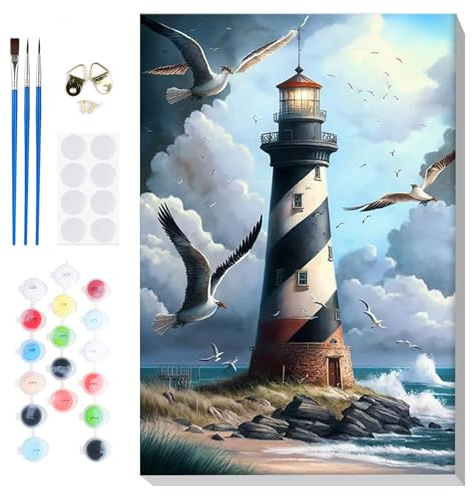 Lxmsja Faro Pintar por Numeros Adultos con Marco, DIY Cuadros para Pintar por Números Mar Lienzos, Pintura Acrilica Manualidades Decoracion Hogar Pared 20x30cm