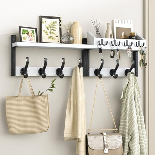 Evermagin 29 Coat Rack Wall Mount with Shelf, 4 in 1 Coat and Key Hanger with 11 Metal Hooks, Entryway Wall Mounted Shelf with Mail Holder for Living Room, Bedroom, White