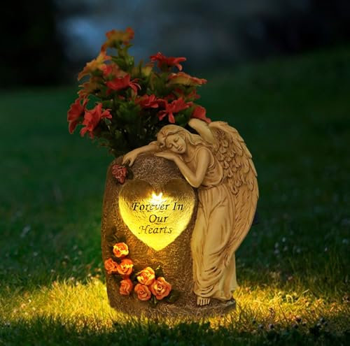 Figura de ángel solar para jardín, estatua de ángel durmiente, jarrón de flores con luces solares y postes extraíbles, lápida de ángel de la guarda, estatuas de jardín, luz solar para cementerio para
