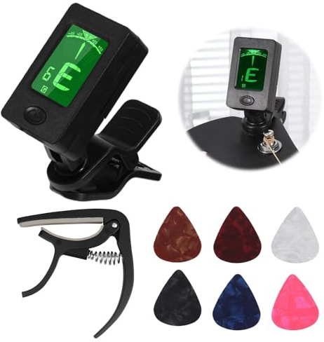 Guitar Tuner with Guitar Capo and 6 Picks, Guitar Tuner Clip On Digital Tuners for Acoustic Guitar, Bass, Ukulele