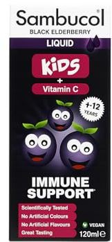 Black Elderberry Kids Sambucoliquid, Vitamin C, Vegan, No Artificial Colors or Flavour, 120 ml