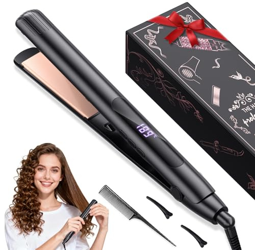 Hair Straightener, Flat Iron 1 Inch Titanium Ceramic Ionic Hair Straightener and Curler 2-in-1, Fast Heat Up, Adjustable Temperature, Dual Voltage, Auto Shut Off for Less Frizz, Shines and Smooth