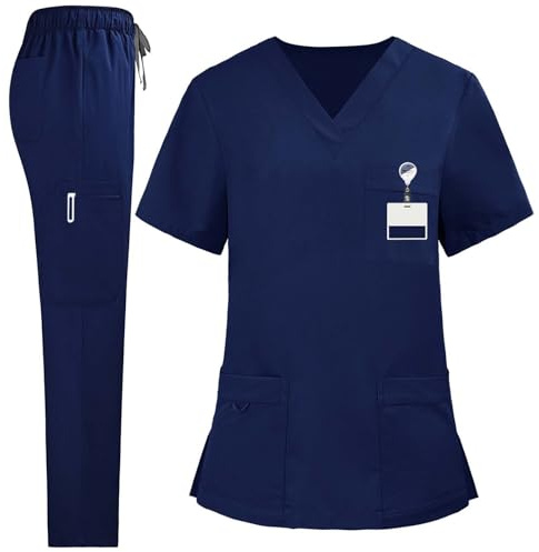 KHIRVWL Divisa Infermiere Donna Divisa Sanitaria Set con Casacca e Pantalone Sanitaria Uniformi Infermiera Ospedaliere con Cordoncino Camice Medico Donna Set Uniforme Maglia Frontale & Pantaloni