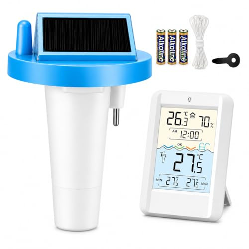 TEOV Thermomètre de Piscine Sans Fil avec Écran LCD Rétroéclairé, Capteur Solaire IP68, Portée 70m, Suivi Température et Humidité Intérieure, Alerte Confort, pour Spa, Piscine, Aquarium, Bassin