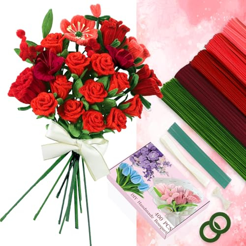 Pipe Cleaners Flower Pipe Cleaners Craft, 5 Colors Pipe Cleaners Bulk, | 400 Pcs Chenille Stems for DIY Flower Making Kit with Floral Wires, Gardening Tape,Stamen& Ribbon (Red)