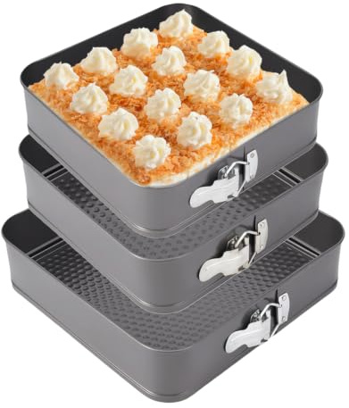 TIANLIN Set da 3 Tortiere Apribili con Cerniera Quadrati – Misure 24/26/28 cm – Acciaio al Carbonio con Rivestimento Antiaderente – Fondo a Tenuta Stagna – Resistente Fino a 230°C – per Torte, Pizza