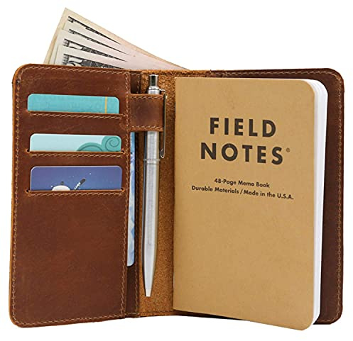 Plånboksfodral i läder för anteckningar, fickformat, passar anteckningsböcker på 8,9 x 14 cm, separat kontantficka, äkta fullkornsläder, flera fickor för extra funktionalitet och pennögla