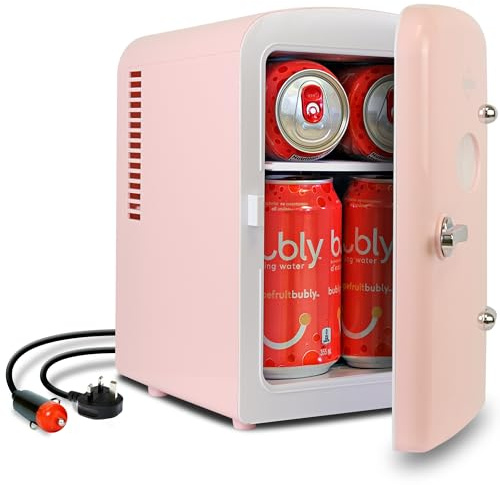 Koolatron Retro Mini Fridge For Bedrooms 12V Portable Cooler Refrigerator 4L Small 6 Can Table Top Quiet Mini Fridges For Skincare Food Drinks Kids Home Car & Travel Pink