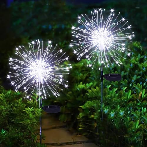 yowin Luces solares de fuegos artificiales, paquete de 2 120 luces LED solares de jardín de Navidad, 8 modos, luz de luciérnaga de Navidad para exteriores, impermeable, alambre de cobre, luz de estaca