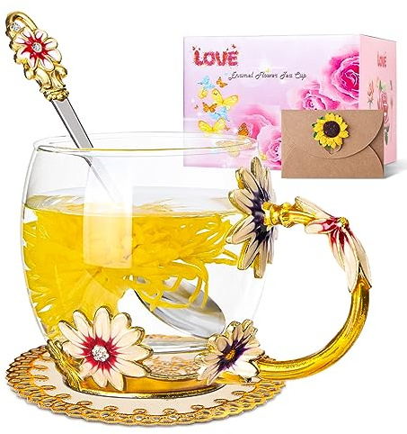 Homtibrm Handgemachte Emaille Sonnenblume Glas Kaffeetassen Teetasse mit Löffel und Geschenkkarten,personalisierte Geschenke für Frauen freundin Geburtstag Valentinstag Muttertag