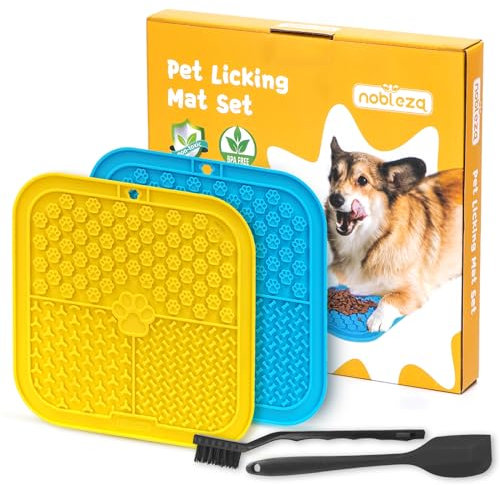 Nobleza Leckmatte für Hund, 2 Stück, Mit Silikon Spatel und Bürste, Slow Feeder Leckmatte für Baden, Lick Mat für Katze Welpen, Gelb und Blau
