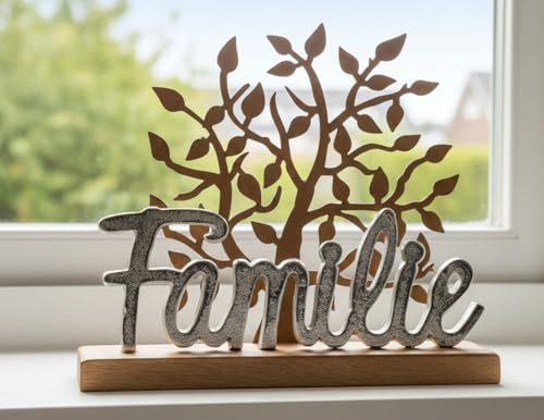 LB H&F Schriftzug Familie Lebensbaum Deko Alu Baum Holz Metall Silber Buchstaben zum hinstellen Natur (Familie/Lebensbaum)