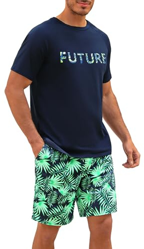 Nieery Pijamas Hombre Verano Conjunto Manga Corta Camiseta Cuello Redondo Pantalones Cortos Camuflaje con Bolsillos S-3XL