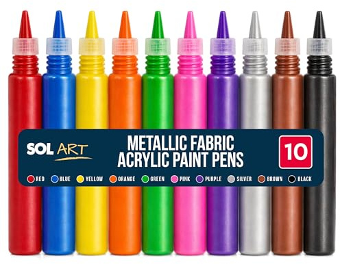 SOL 10pk Pearlescent & Metallic Fabric Paint Pens Set — Waterproof Fabric Pens Permanent for Clothes, Paint Markers Assorted Colours, Shimmer & Shine for Fabrics, Paper, Wood, and Canvas