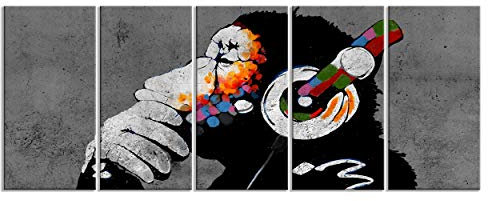 decomonkey - Tableau Acoustique Banksy 225x90 5 Pièces - Impression sur Toile Décoration Maison Isolation Peinture Image Phonique Déco Bureau Graffiti singes peinture murale musique animaux