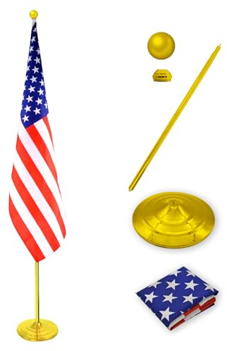Flaggenmast für den Innenbereich, mit beschwertem und verdicktem Sockel, 1,8 - 2,4 m, Aluminium, kommerzieller Innen-Fahnenmast für Büro, Schule, Stadthaus, robuster Teleskop-Fahnenmast, goldfarben, 1