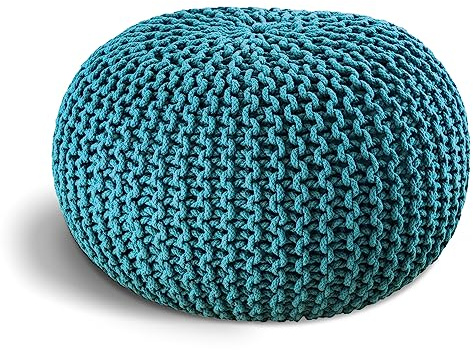 ELYFLAIR® Pouf en tricot fait à la main, Repose Pied - Diamètre : 55 cm ou diamètre : 45 cm - Avec aspect élégant en tricot grossier - Décoration intérieure (bleu clair)