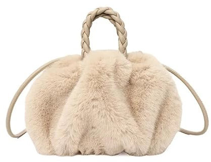AHIOJEGX Plüsch Handtasche Damentaschen Winterhandtasche Flauschige Tragetaschen Gewebter Tragegriff Kleine Mini-Umhängetaschen(Apricot)