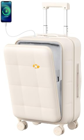 MGOB Handgepäck Koffer 55x40x20 cm, Hartschalen Koffer mit Laptopfach, Trolley Koffer mit 360° Spinner TSA-zugelassenem Schloss und USB & Type-C-Anschlüssen- Beige