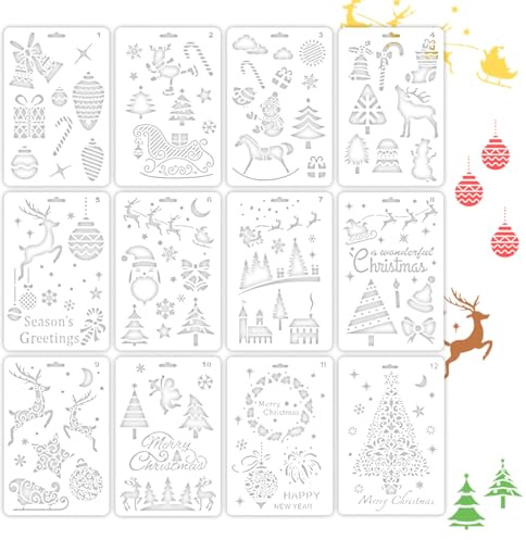12 Stück Schablonen Weihnachten,Weiße Weihnachtsmalerei Vorlage,Zeichenschablonen Malschablonen aus Kunststoff, Wiederverwendbar Bunte Malvorlagen,Weinachten Malset für Geschenke Weihnachten Kinder