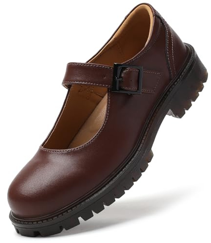 XMM Mary Jane Shoes Women Flat Brown Platform Mary Janes for Womens Leather Oxford Saddle Loafers Orthopedic Comfort Ladies Flats Dressy Casual School Cute Non-Slip Work Shoes Size 5