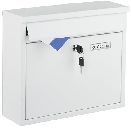 Relaxdays Boite aux Lettres, Porte-étiquette, en Fer, avec 4 clés, H x L x P : 31 x 36 x 12 cm, Blanche