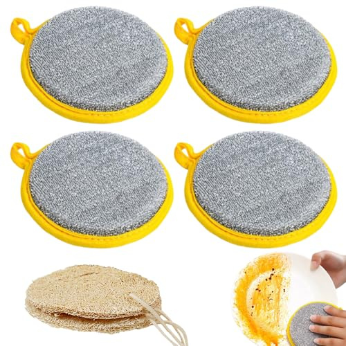 YYMT 6 stycken eco-svampset, 4 x dubbelsidiga skrubbsvampar & 2 x naturlig LLuffa-svamp, återanvändbara disksvampar för kök och badrum med stark rengöringskraft – även för kastruller och pannor