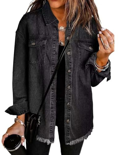 YGERGWE Chaquetas de mezclilla para mujer, chaqueta de mezclilla ligera de gran tamaño, casual, con botones, camisa de mezclilla de manga larga para mujer para primavera y otoño