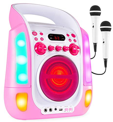 Fenton SBS30P Kids Karaoke Machine with Bluetooth Speaker, CDG/MP3 Player, Two Microphones, Lyrics Display, Echo Effect, LED Party Lights, Portable Karaoke Systems - Pink
