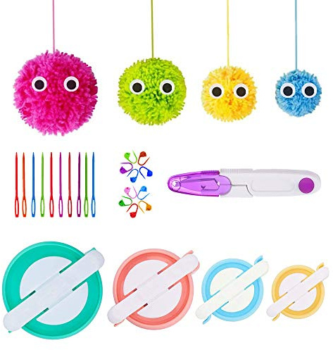 Pom Pom Maker, Pom Pom Strickwebstuhl Kit Fluff Ball Weaver Needle Craft DIY Strickhäkeln Craft Tool Kit, 4PS Pompom Maker + 10PS Strickstichmarker + 10PS Plastiknadeln + 1PS Schere
