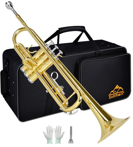 EASTROCK Trompeta Sib Estándar de Latón Instrumentos Musicales Boquilla 7C con Estuche para estudiantes principiantes (Latón Dorado)