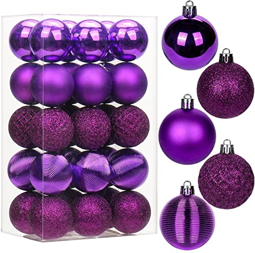 30 pcs Christmas Baubles Xmas Ball Ornaments with Strings, 50mm/2.0 Purple Shatterproof Plastic Hanging Decorations, Christmas Tree Pendants for Home Party Wedding Holiday