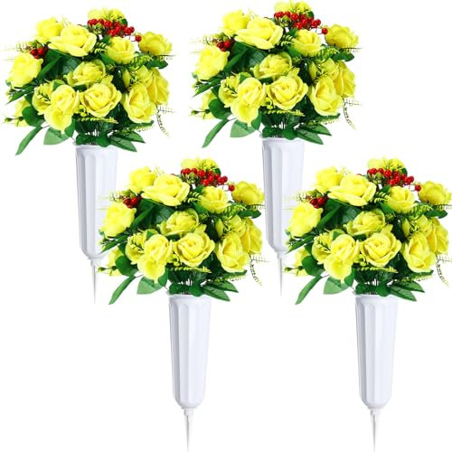 Tigeen 4 juegos de flores artificiales para cementerio, 96 cabezas, ramo de rosas artificiales, decoración de cementerio con 4 jarrones de cementerio para tumbas funerarias para lápida al aire libre