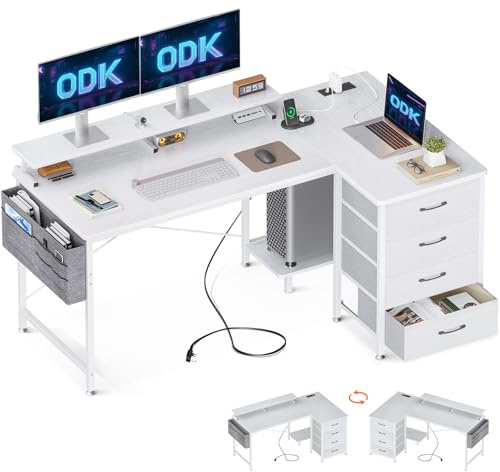 ODK Corner Desk with Drawers, L Shaped Computer Desk 140x80cm with USB Charging Port & Power Outlet, Home Office Desk with Monitor Stand and PC Stand, Gaming Desks Workstations, White
