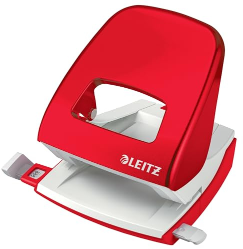 Leitz Office Metal Hole Punch, for 30 Sheets, Stop Rail with Format Requirements, for Office, Home Office & School, Metallic Red, WOW Series, 50082026