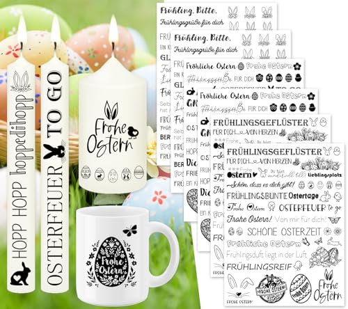 Tixlux 6 PCS Kerzentattoo Ostern (200+ Muster), Wassertransferdruck | Wasserschiebefolie Kerzen | Kerzenaufkleber | Kerzen dekorieren | Gedenklicht | Trostkerze | Geburtstagskerze (OsternⅠ)