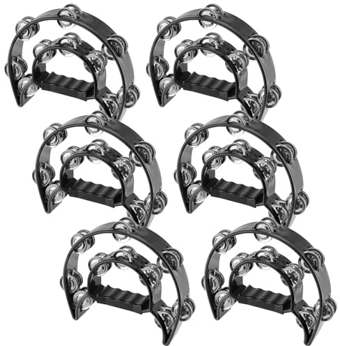 HONYUET 6PCS Black Half Moon Tambourine, Double Row Handheld Tambourine for Musicians Singers Bands Party Celebration, 23x20cm