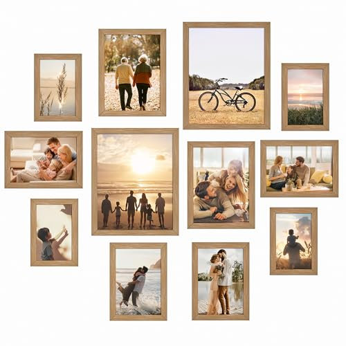 12 Pack Picture Frames, Collage Photo Frame for Wall Mount or Tabletop Display, Gallery Wall Frame Set, Multi Sizes Photo Frames Collage Including 4pcs 4x6, 4pcs 5x7, 2pcs 6x8, 2pcs 8x10, Oak