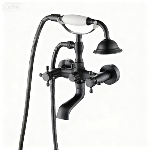 Clawfoot Tub Faucet with Hand Held Bathtub Faucet, Tub Shower Kit Victorian Double Cross Handle, 6 Inch Center Adjustable Swing Arms Tub Mount Short Adapter Antique Brass (Matte Black)