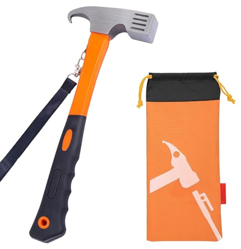 Camping Hammer with Tent Stake Remove, 12 inch Outdoor Multifunction Camping Mallet for Tent Pegs with Holding Strap and Tote Bag, for Outdoor Camp Picnic, Rustproof, Non-Slip Comfortable Grip