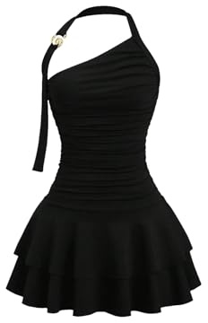 GORGLITTER Women's Ruffled Halter Neck Party Mini Dresses Metal Ruched Sleeveless A Line Swing Festival Dress