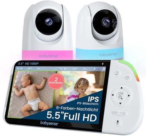 Babysense Full HD Split-Screen-Babyphone mit 2 Kameras, Nachtlicht in 6 Farben, Geräusch- & Lichtmaschine, 20-Stunden-Akku, abhörsichere Verbindung ohne WLAN