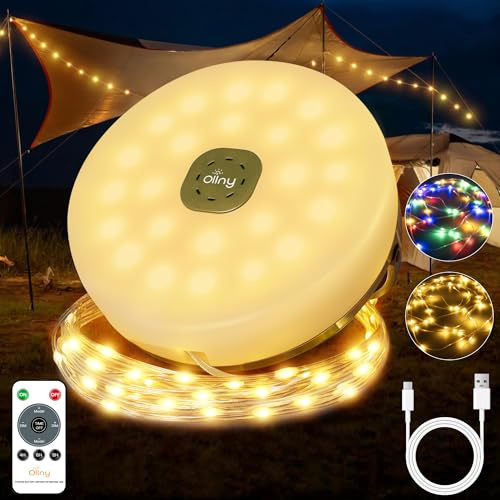 Camping Lichterkette 20M 200LED, 2-in-1 Tragbare Wiederaufladbare Aufrollbar Lichterkette Außen mit 9 Beleuchtungsmodi Timer, Wasserdichte Warmweiß Bunt USB Camping Lichter für Camping Wander Party