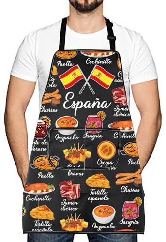 LEVLO España - Delantal de cocina mediterránea con diseño de comida española, España, 73*68cm