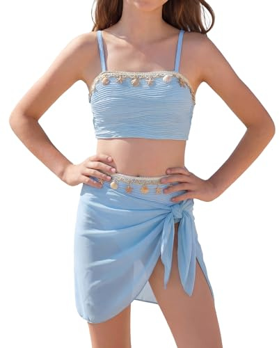 SEAUR Traje de Baño Tres Piezas Niña Bikini Natacion Verano Vacaciones Ropa de Playa Niña Tankini con Falda Mode Azul 10 años