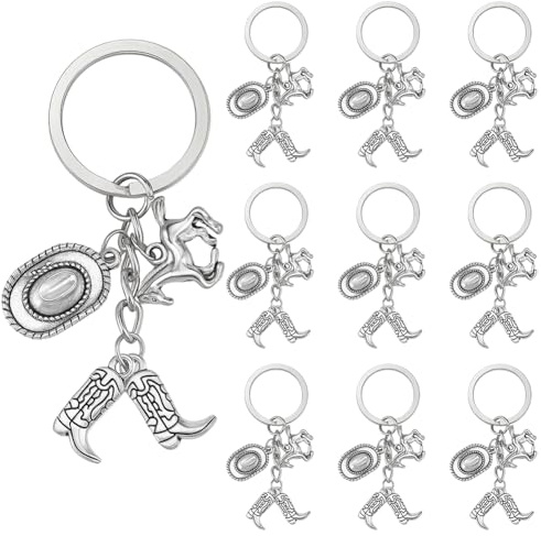 SUNNYCLUE 1 boîte de 20 pièces Pack de porte-clés Cowboy Porte-clés Botte de cow-boy en vrac Argent antique Métal Chapeau Botte de cheval Chaussure 74 mm avec anneau Porte-clés Ensemble pour cadeaux d