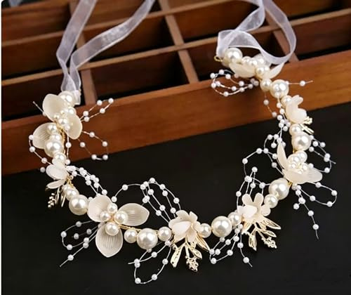 Flower Girl Headband with Pearls and Crystals, Bridal Wedding Hair Accessory, Adjustable Ribbon Headpiece Hair Vine Crown for Bride Bridesmaid Communion Party Girls