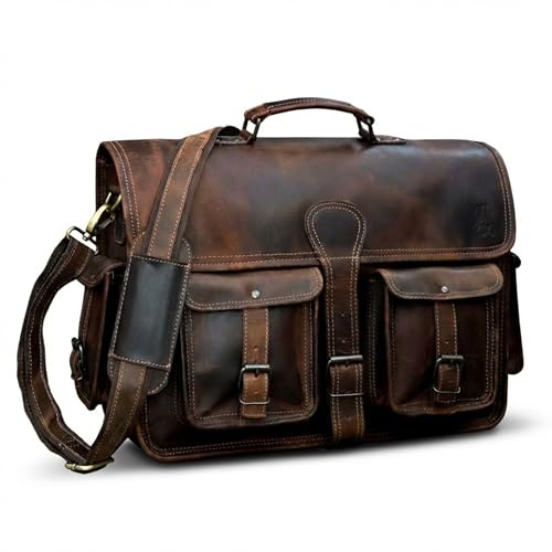 Leather Briefcase Work Bag for Men Women Dark Brown Crossbody Genuine Leather Satchel Office Bag for Men Women 18 Inch Computer Travel Messenger Laptop Shoulder Bag Cureo
